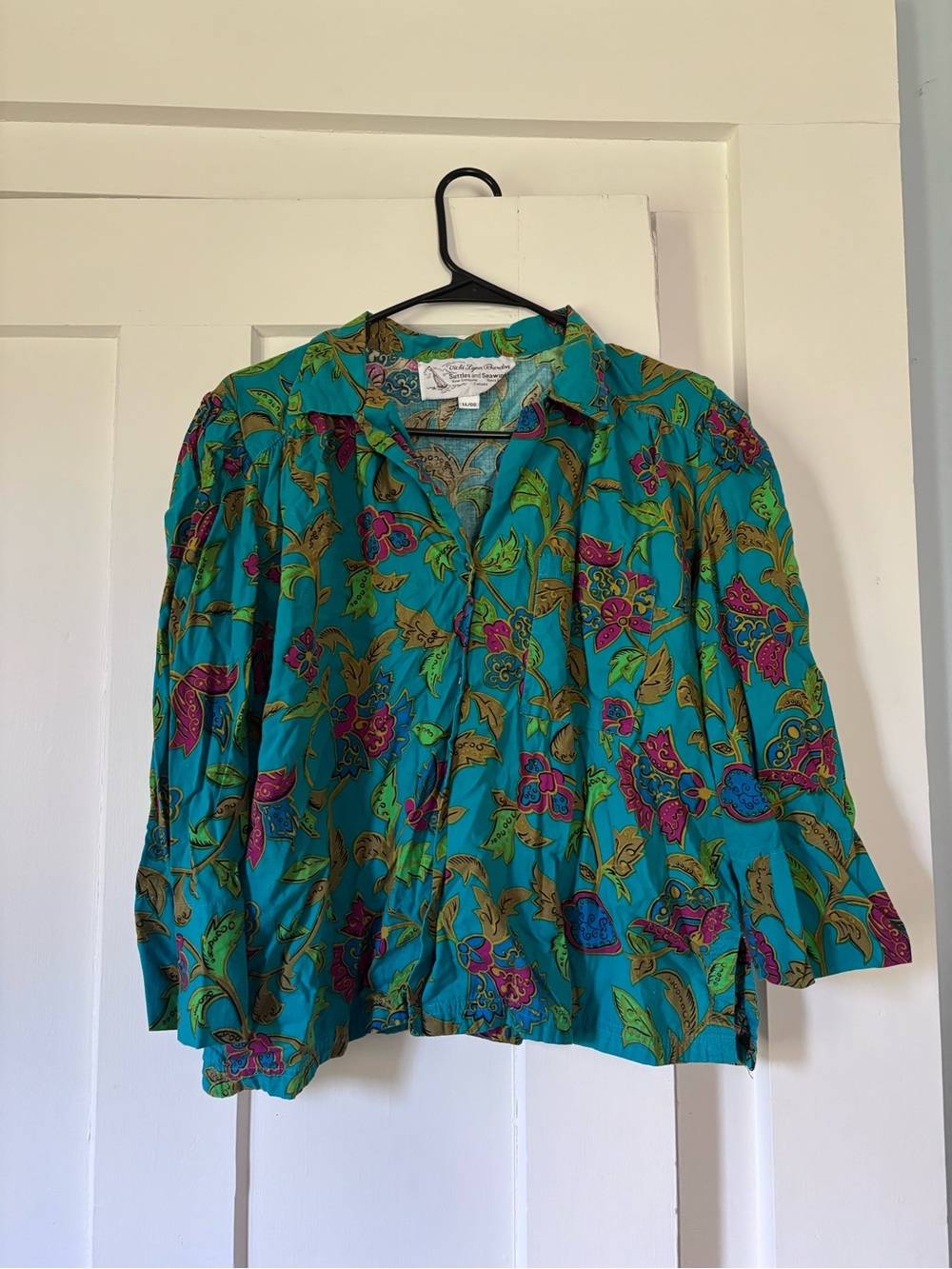Vintage Bright Teal Floral Button-Front Blouse Vicki Lynn Bardon